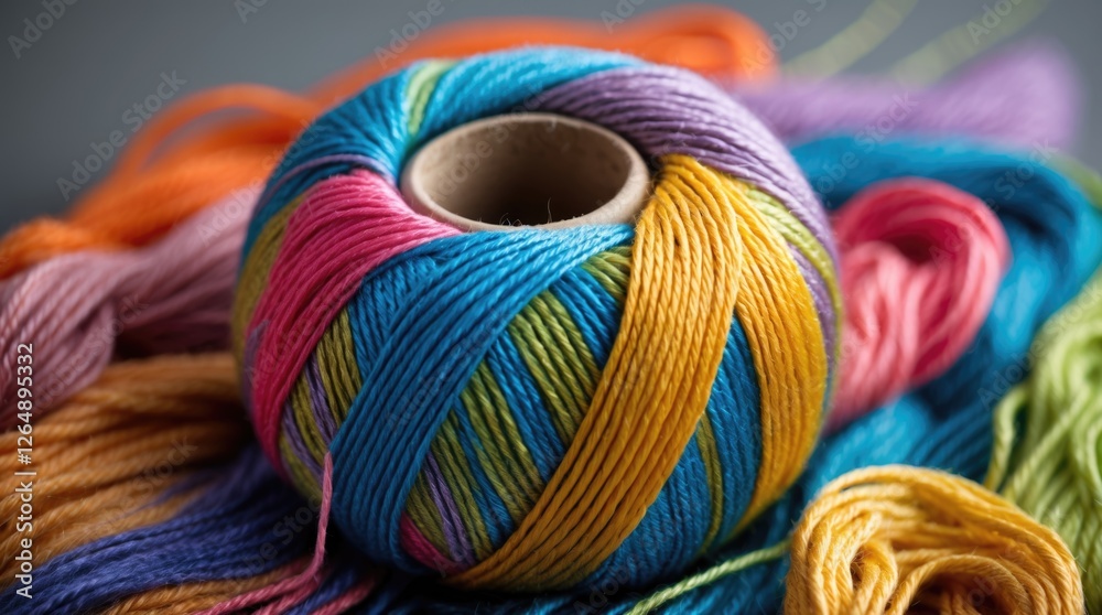 Poster colorful ball of yarn surrounded by strands of various colors on a dark background showcasing textur