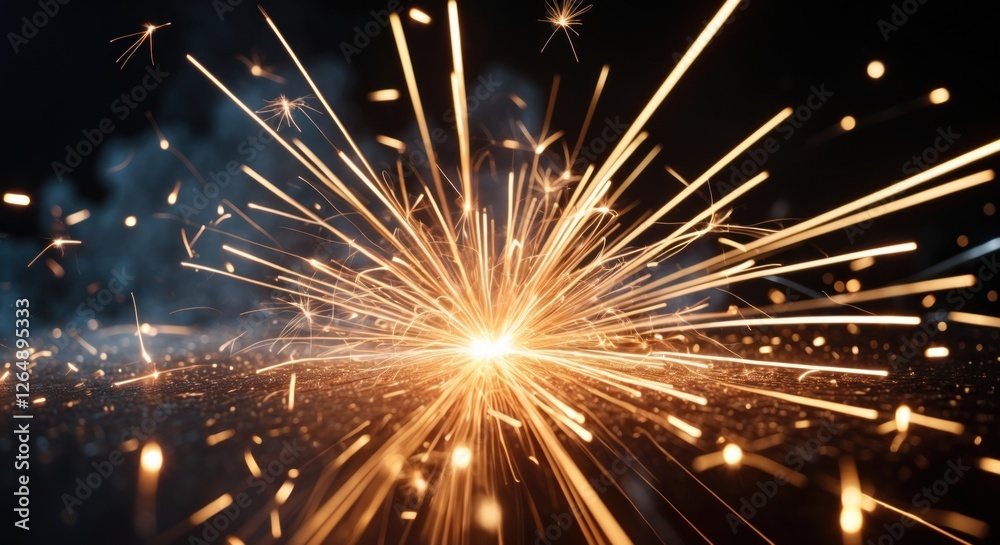 Poster close-up of golden sparks flying in different directions against a dark background with smoke visibl
