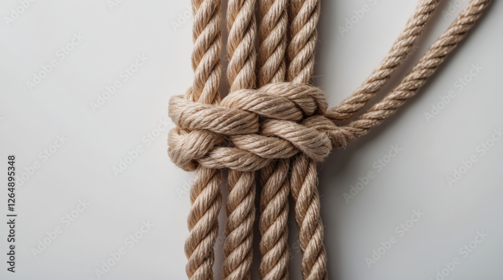 Poster Close-up of intertwined natural ropes forming a knot on a light background with Copy Space for text insertion