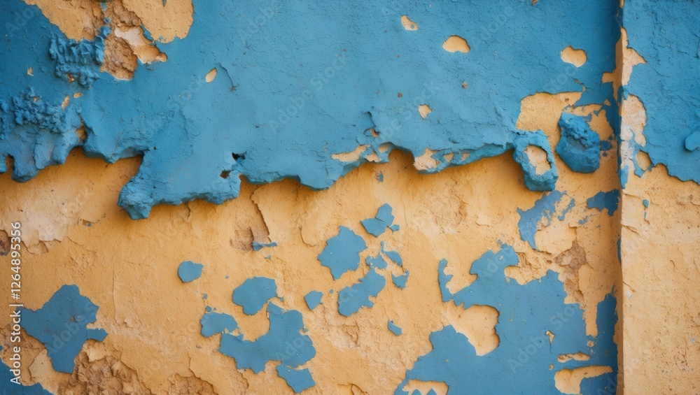 Poster Peeling blue and yellow paint on wall with textured surface and irregular patterns creating an abstract background with copy space
