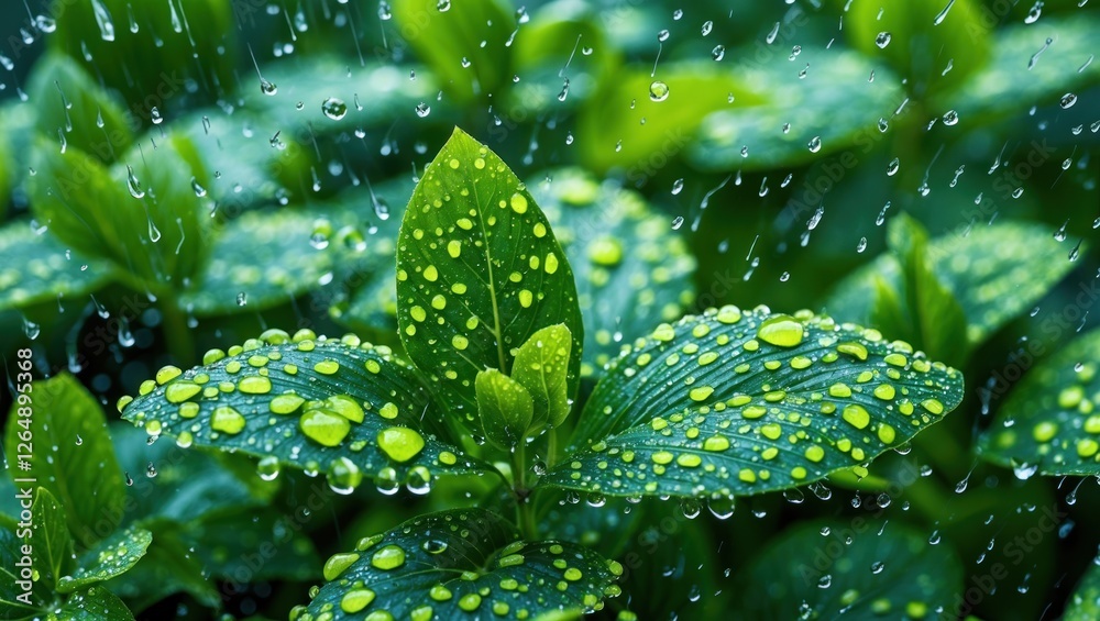 Poster close-up view of lush green leaves covered in water droplets with blurred greenery background and so