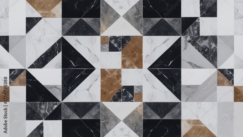 Poster geometric marble tile pattern in black, white, gray, and brown shades with triangular and rectangula