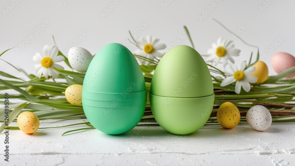 Poster colorful easter eggs on a white background surrounded by flowers and grass with copy space for text