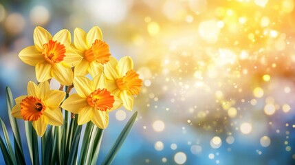 Fototapeta premium Springtime Radiance A Bouquet of Yellow Daffodils Basking in Golden Sunshine, with Copy Space