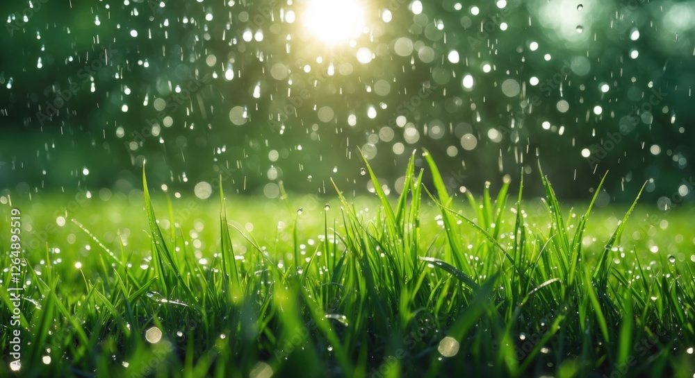 Poster rain falling on lush green grass with sunlight filtering through, creating a fresh and vibrant natur