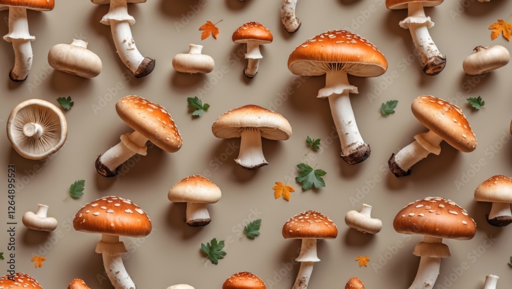 Poster collection of assorted mushrooms with leaves on a neutral background copy space