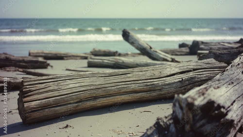 Poster driftwood logs scattered on sandy beach with waves gently lapping in the background and clear sky ab