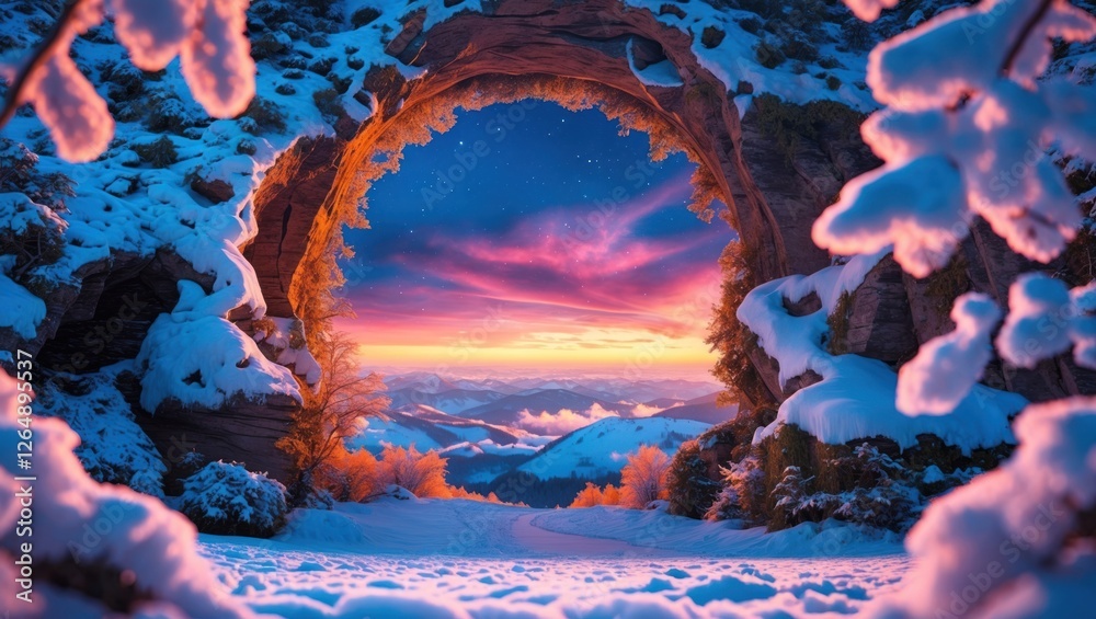 Aufkleber snowy mountainscape framed by a natural arch with vibrant sunset and starry sky visible in the backg