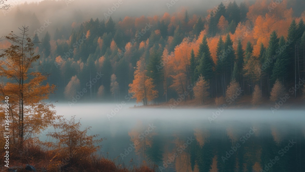Poster Autumn forest landscape with fog over calm lake reflecting colorful trees in warm hues and tranquil atmosphere with Copy Space