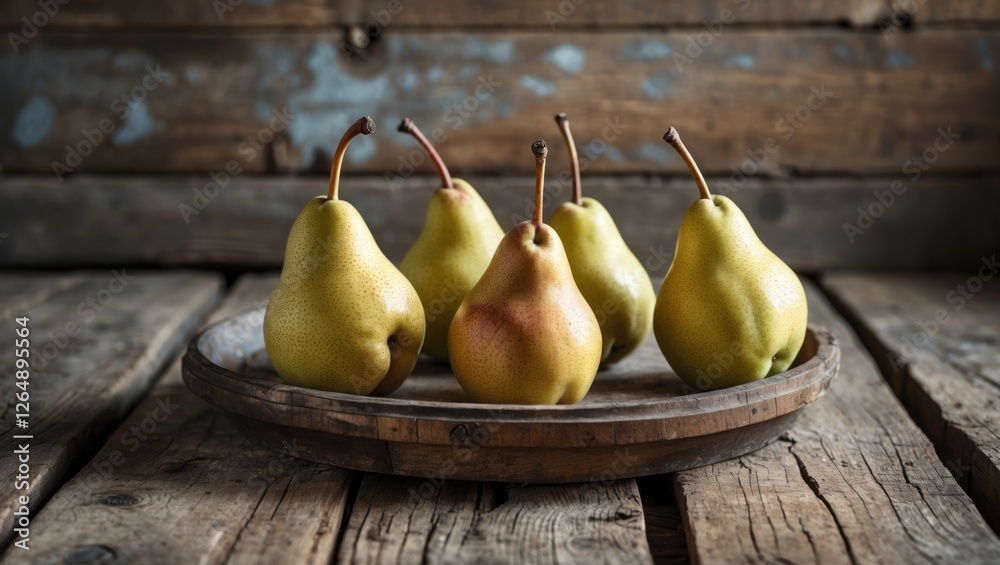 Poster group of ripe green pears arranged on a rustic wooden plate with textured background and natural lig
