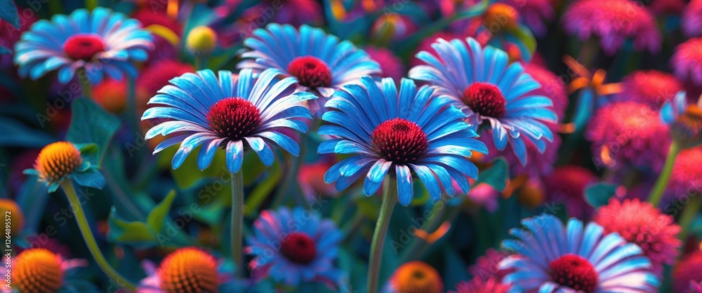 Poster vibrant flower bed with colorful daisies and round floral elements in a garden setting with soft foc