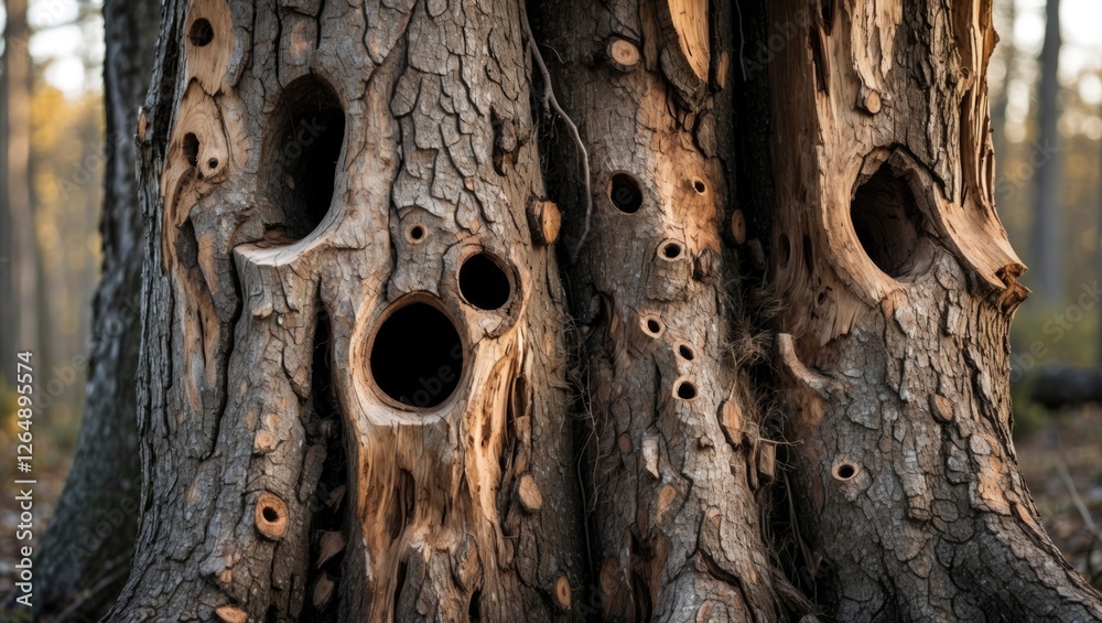 Poster close-up of textured tree trunk with hollowed holes in a forest setting during golden hour light