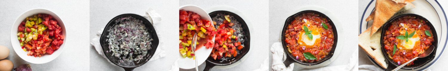 overhead view of the process of making shakshuka, pictorial illustrating how to make  shakshuka