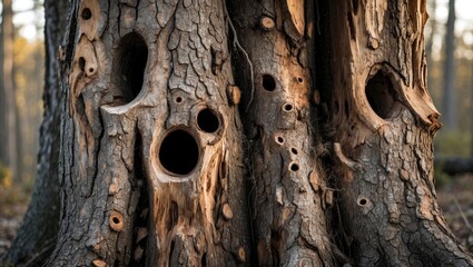 Close-up of textured tree trunk with hollowed holes in a forest setting during golden hour light
