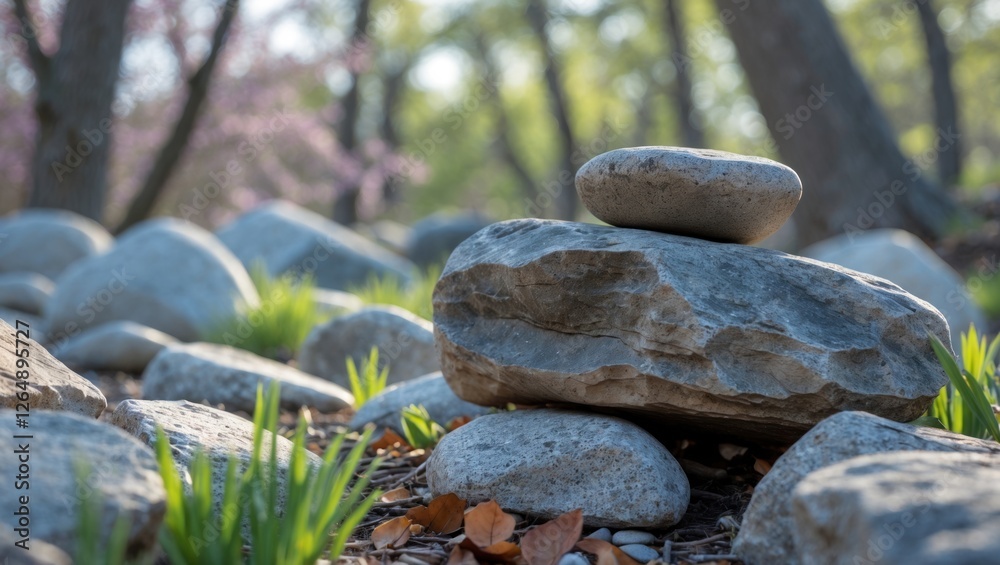 Poster stacked stones in a serene garden setting with fresh green grass and blurred trees in the background