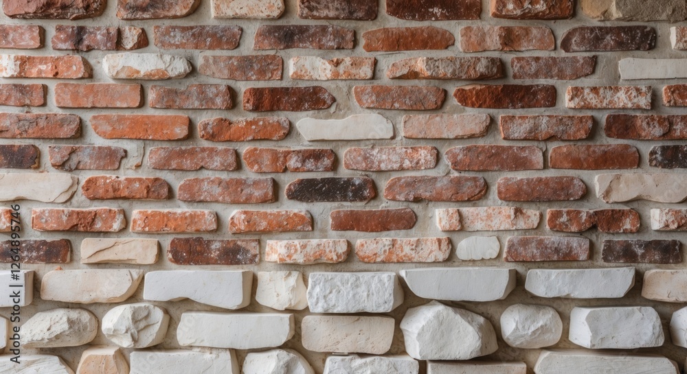 Aufkleber close-up of textured brick and stone wall construction with warm colors and varying shapes ideal for