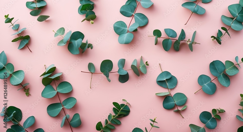 Poster green eucalyptus leaves on pink background with copy space for text