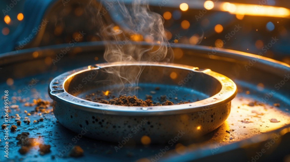 Poster smoky metal ashtray on a tray with scattered ashes and glowing sparks in the background illuminated 