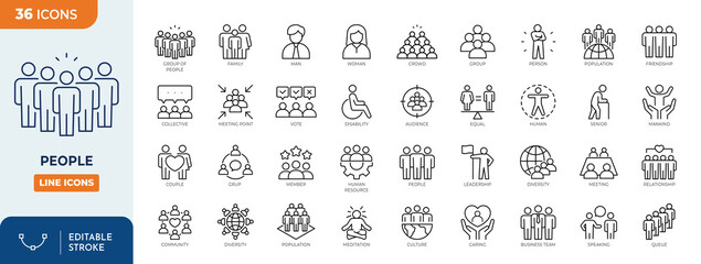 People line editable icon set. Containing group, family, human, team, community, friends, population and more. Vector illustration