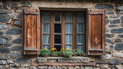 Vintage wooden window with shutters on stone wall featuring potted flowers and greenery in natural light Copy Space