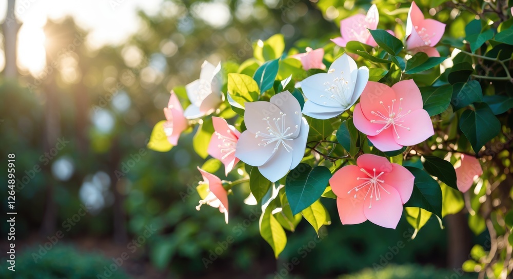 Poster Colorful paper flowers on a branch surrounded by greenery with sunlight in the background and ample copy space for text