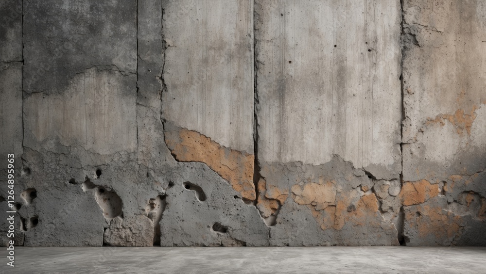 Poster concrete wall with weathered texture and peeling paint in an industrial setting suitable for backgro