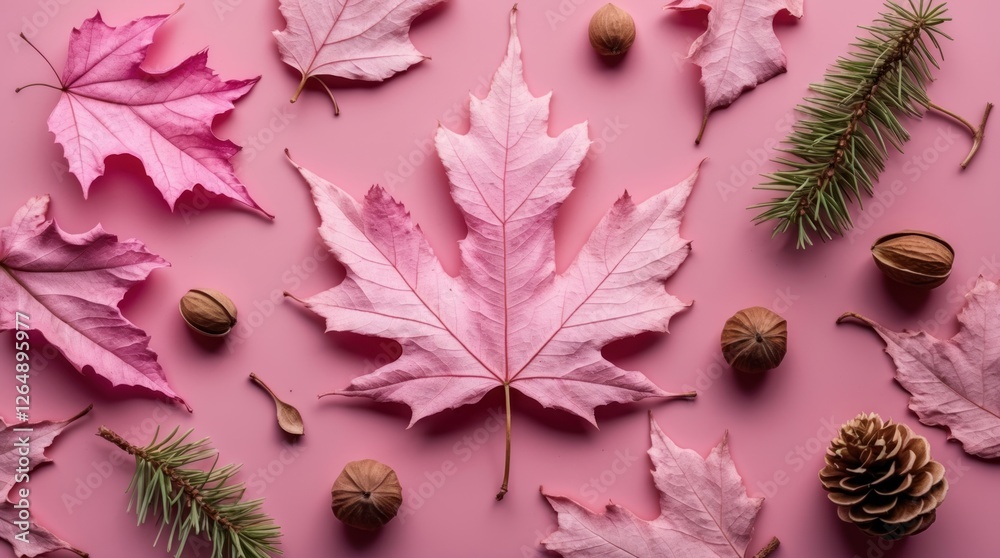 Poster pink autumn leaves and natural elements arranged on a pink background with copy space for text