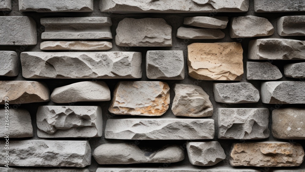 Poster Textured stone wall background with various sizes and shapes of stones in neutral tones suitable for architectural and design applications