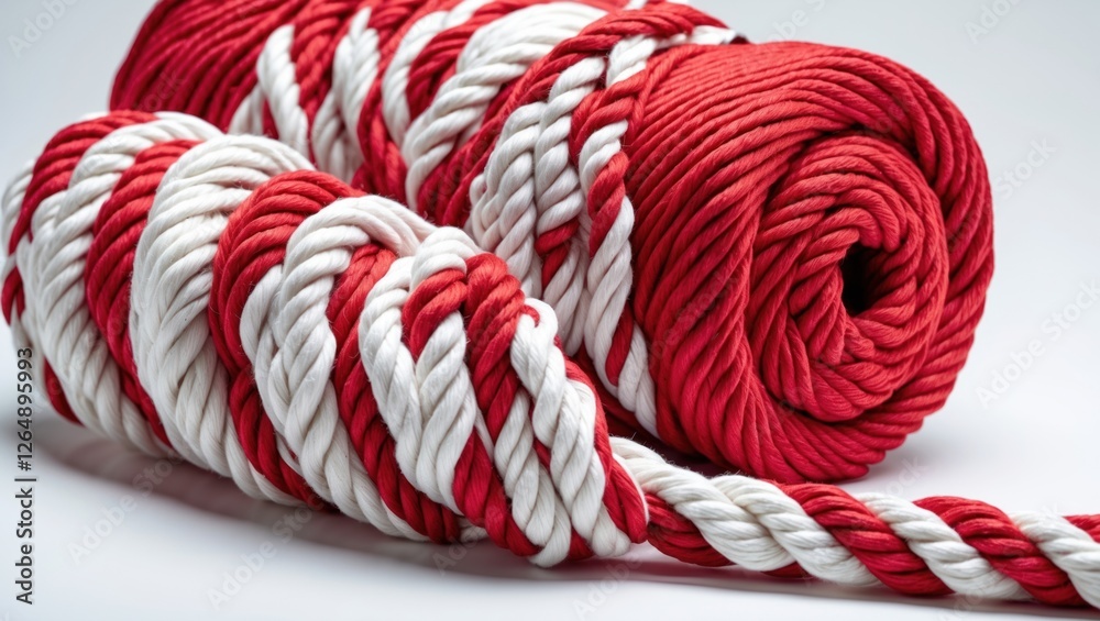Poster red and white twisted cotton rope coils on a smooth surface with soft lighting and ample copy space