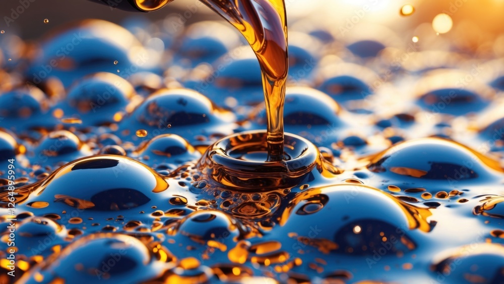 Poster close-up of golden liquid pouring over blue water droplets with highlighted reflections and bubbles,