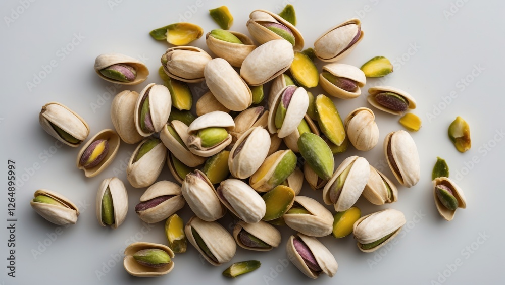 Leinwandbilder pistachio nuts in shells and shelled pieces arranged on a light surface with copy space for text