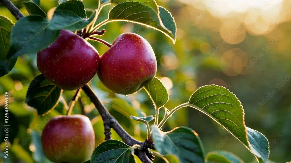 Poster golden hour sunlight illuminates ripe red apples hanging on a branch in a serene orchard, creating a