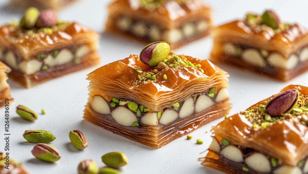 Poster pistachio and nut layered dessert pieces on white background with scattered pistachios and copy spac