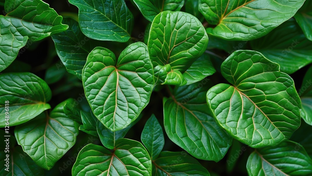 Poster close-up of lush green leaves with prominent veins in a natural setting suitable for backgrounds and