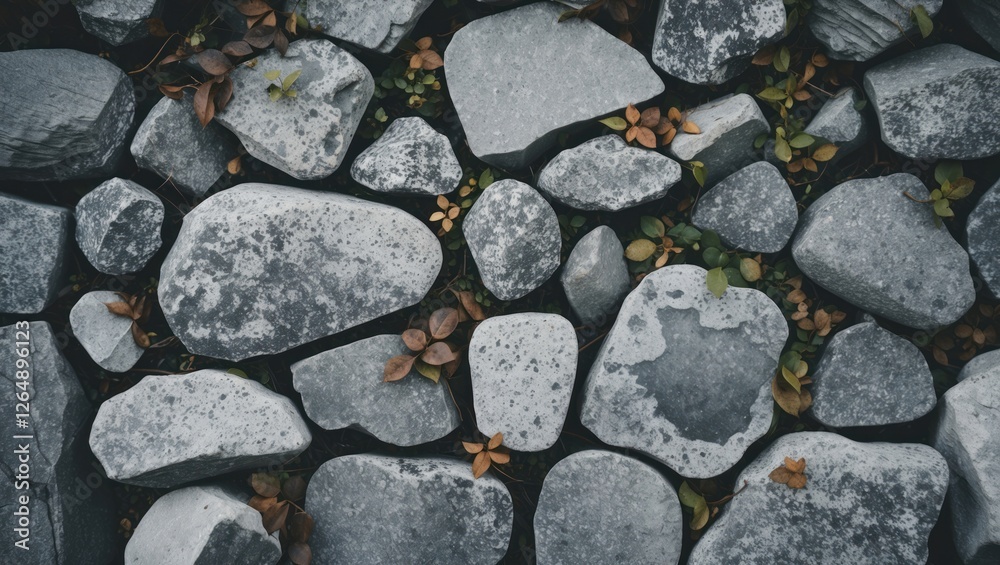 Poster Close-up view of various smooth stones and pebbles with scattered leaves and grass on the ground Copy Space
