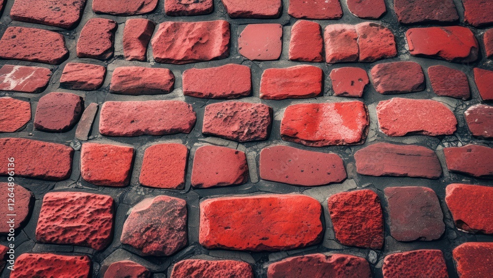 Poster Red brick wall texture with irregularly shaped bricks and visible mortar joints providing a rustic appearance, suitable for background use