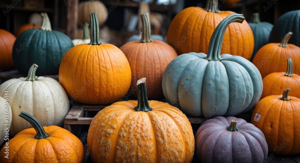 Poster colorful assortment of pumpkins in various shapes and sizes arranged on display with wooden crates b