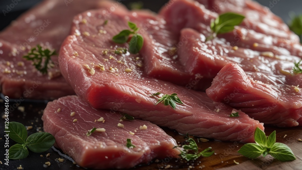 Poster raw slices of fresh meat with herbs and spices on a wooden cutting board with dark background copy s