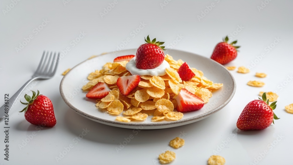 Poster breakfast plate with cornflakes topped with sliced strawberries and whipped cream on a white backgro