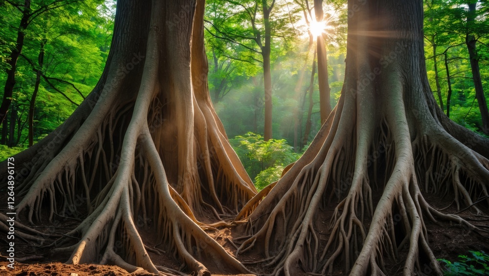 Poster tree roots in sunlight at forest floor with sun rays filtering through green foliage natural environ