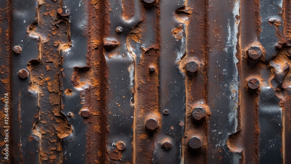 Poster textured rusted metal surface with rivets and peeling paint showing corrosion and weathering details