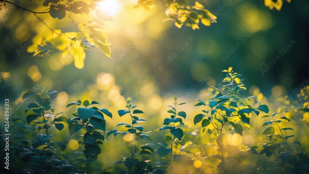 Aufkleber Lush green foliage illuminated by soft sunlight creating a tranquil natural scene with blurred background and gentle bokeh. Copy Space