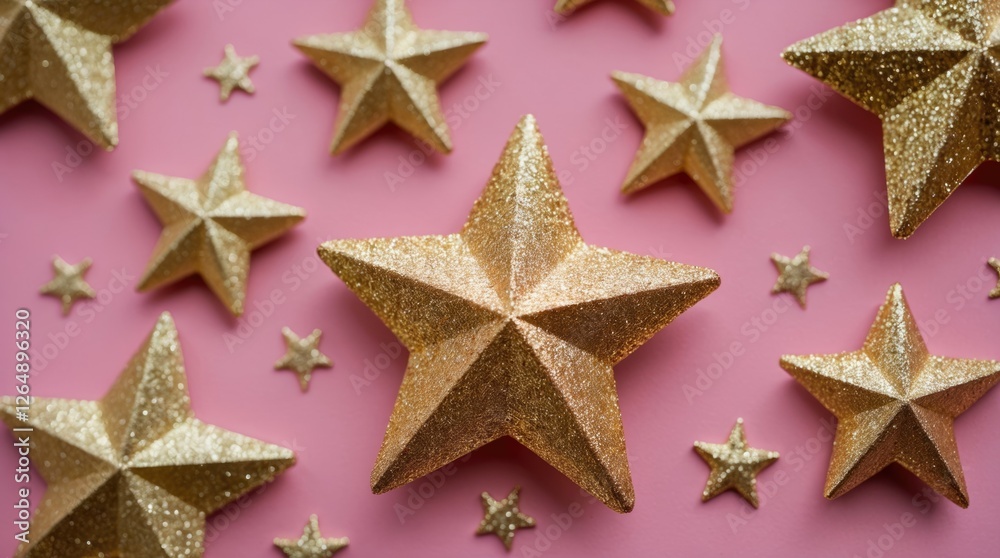 Poster glittering gold stars on a pink background with additional smaller stars creating a festive and vibr