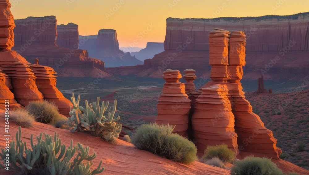 Poster sunset over unique rock formations in desert landscape with cacti in foreground and distant mountain