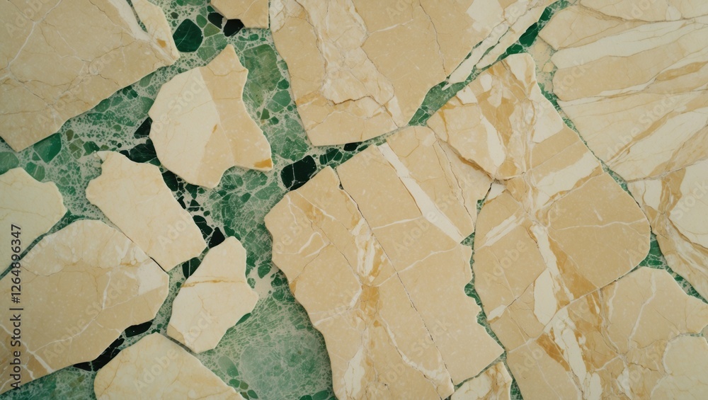 Poster textured background of natural stone tiles featuring beige and green color variations, high angle vi