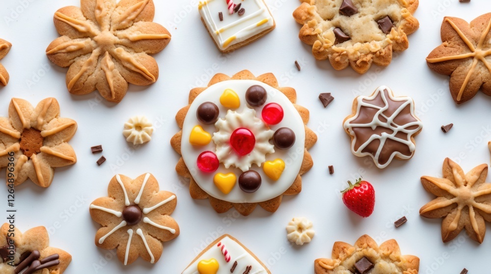 Poster assorted christmas and holiday themed decorated cookies with colorful icing and sprinkles on white b