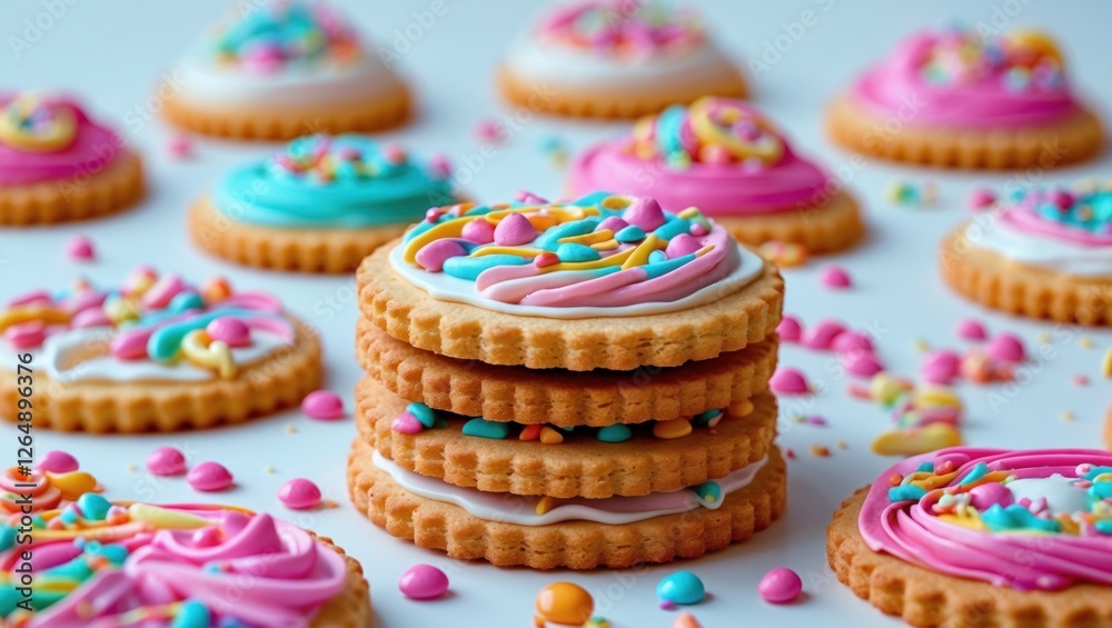 Poster Colorful decorated cookies with icing and sprinkles arranged on a white background, featuring a stack in the foreground with copy space.