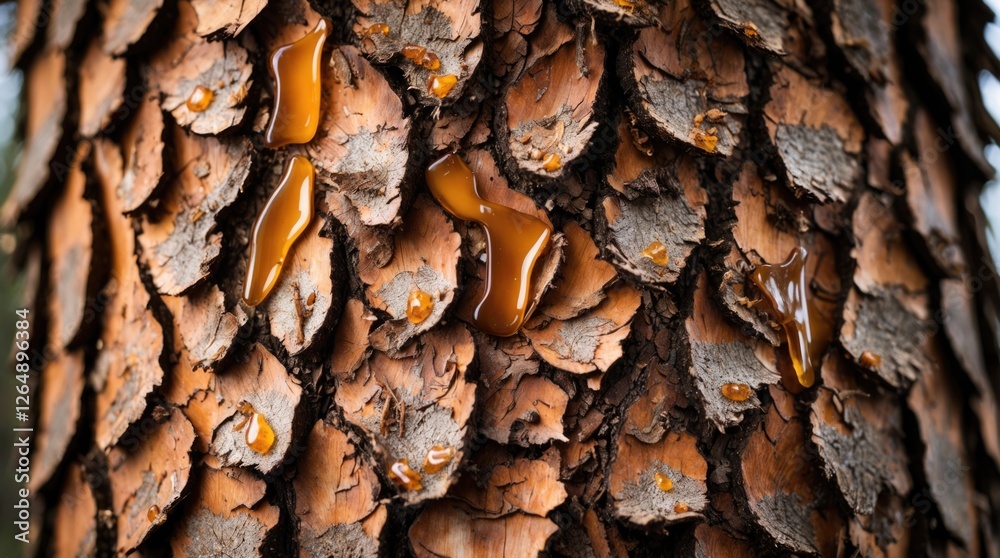 Poster close-up of pine tree bark with resin droplets, showcasing textures and patterns of brown and gray s
