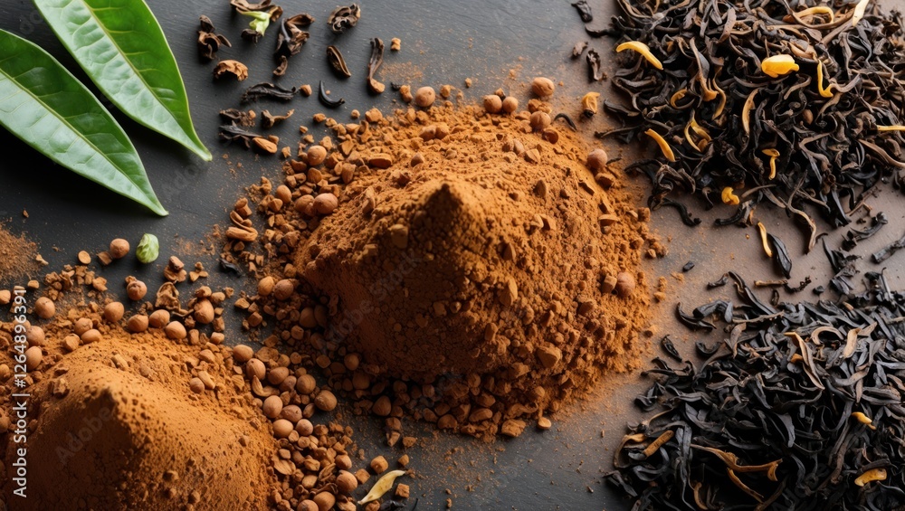 Poster different varieties of tea leaves and grounded spices arranged on a dark stone surface with green le
