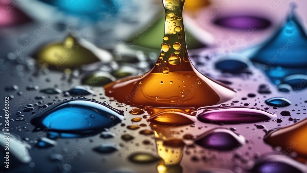 Poster colorful water droplets on a reflective surface with blurred multicolored background and vibrant liq
